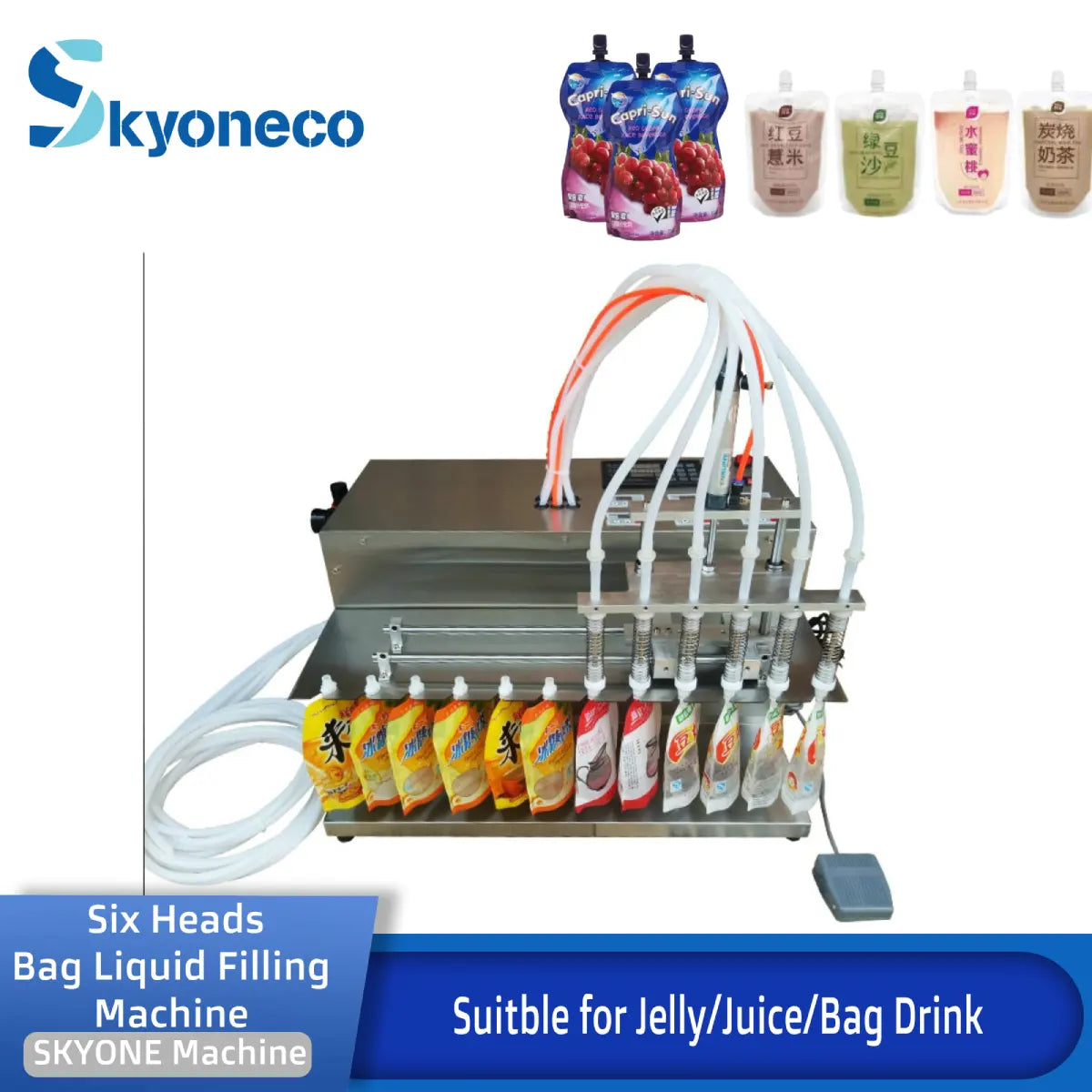 Skyoneco Semi-Auto Six Heads Liquid Filling Machine for Jelly Juice Bag Drink