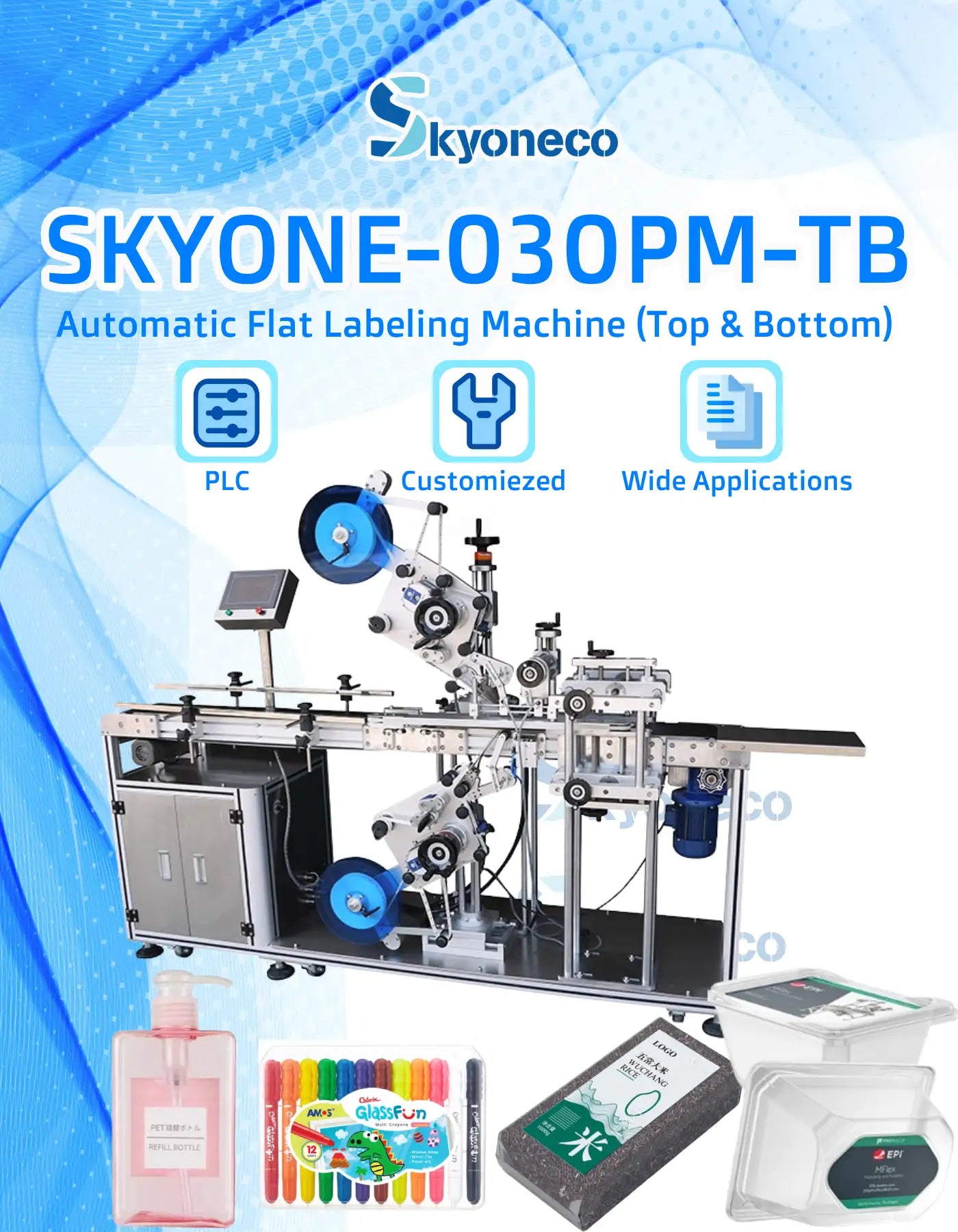 Skyone-030PM-TB Automatic Top & Bottom Flat Labeling Machine for Flat Surface