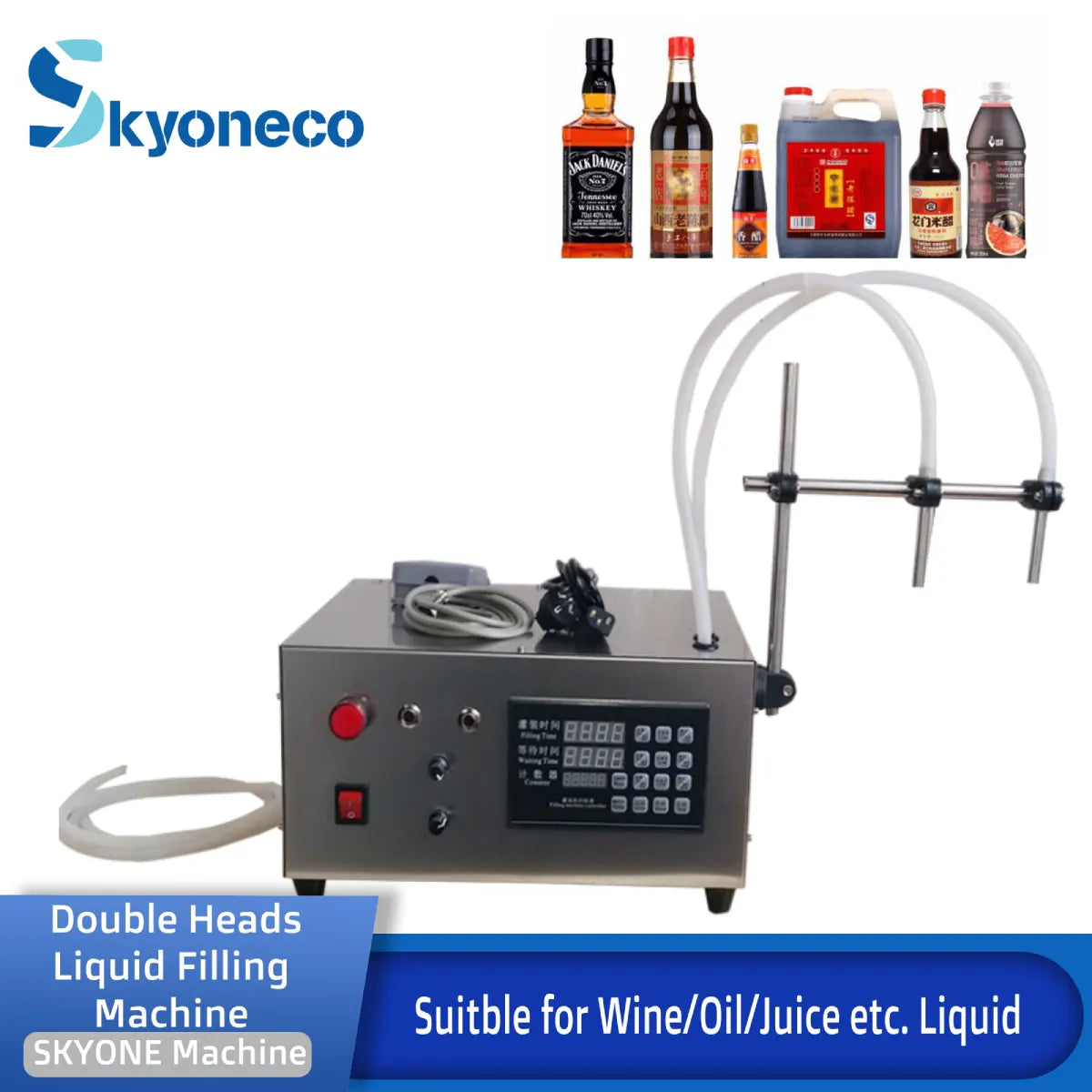 Skyoneco Semi-Auto Two Heads Liquid Filling Machine for Wine Oil Juice