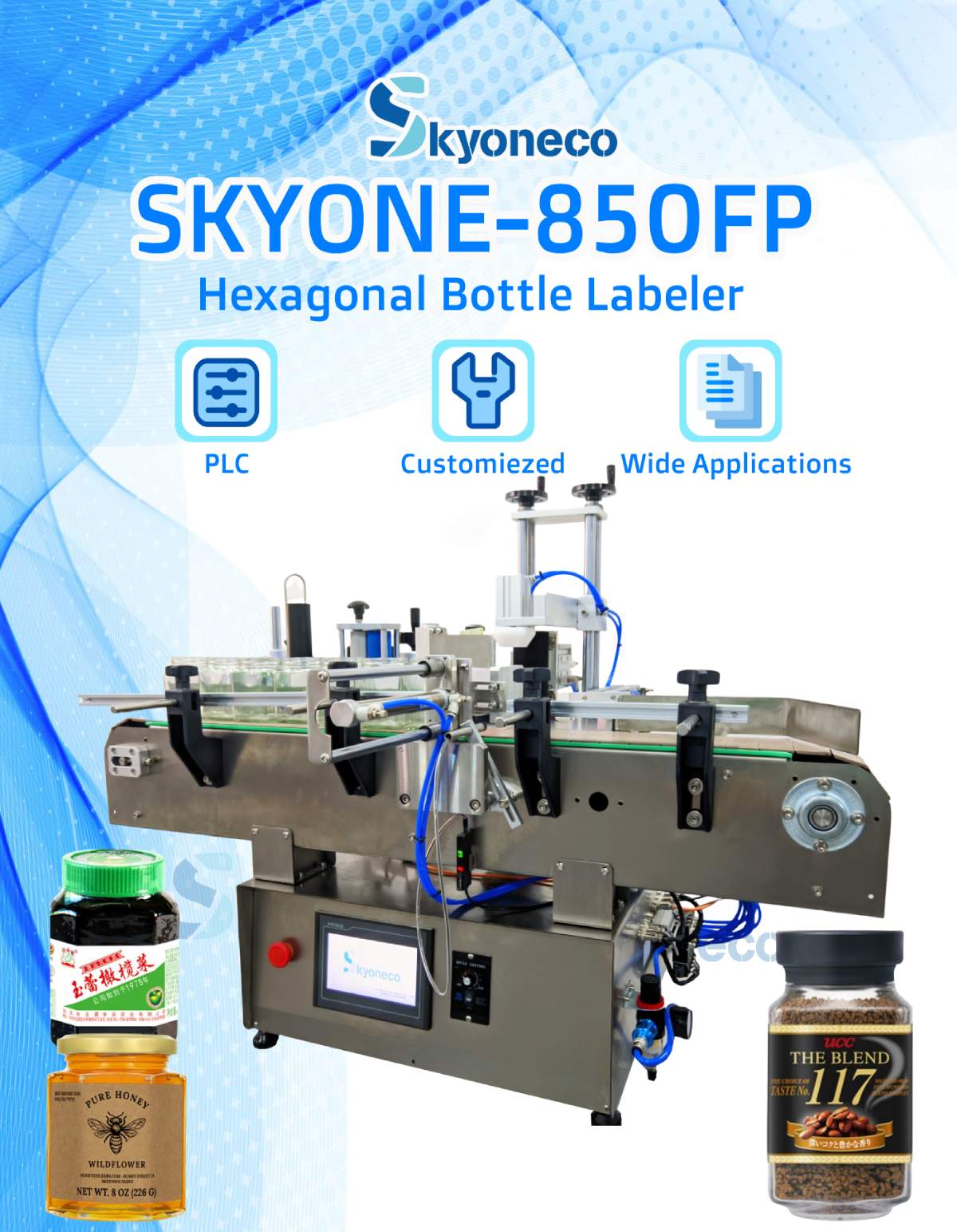 Skyone-850FP Automatic Desktop Hexagonal Bottle Jar Labeling Machine Honey Jam Coffee Sauce