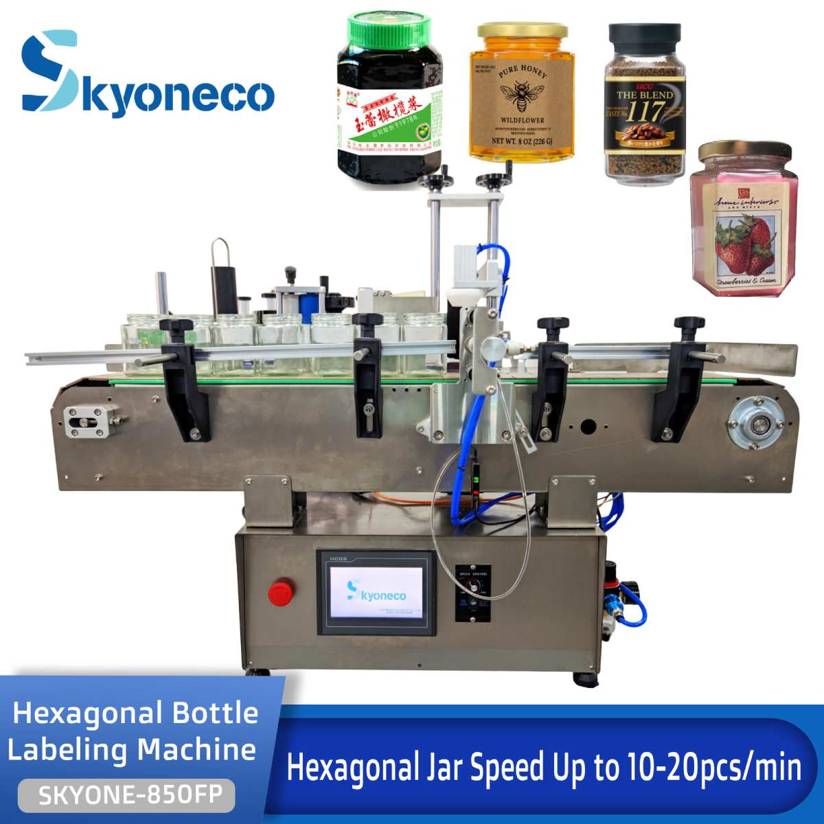 Skyone-850FP Automatic Desktop Hexagonal Bottle Jar Labeling Machine Honey Jam Coffee Sauce