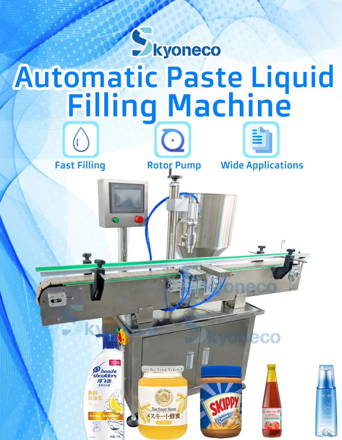 SKYONE Automatic Servo Rotor Pump Paste Liquid Filling Machine Honey Viscous Liquid Peanut Butter Ketchup